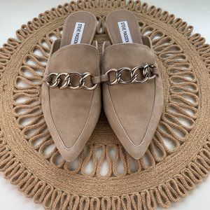 NEW Steve Madden Tan Camel Suede Gold Chain Pointed Toe Flat Mule [9] Forte